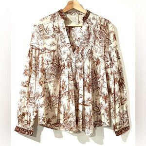 Johnny Was Mu‎ Printed Pintucked Top Cream Brown XS